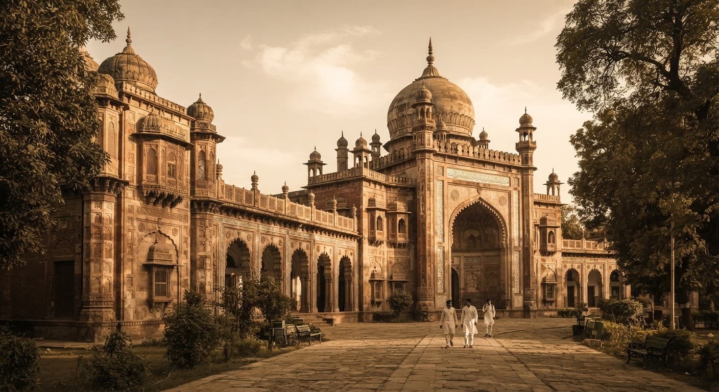 A sweeping, sepia-toned photograph of a historical university building in Aligarh, with ornate arches and aged stone facades